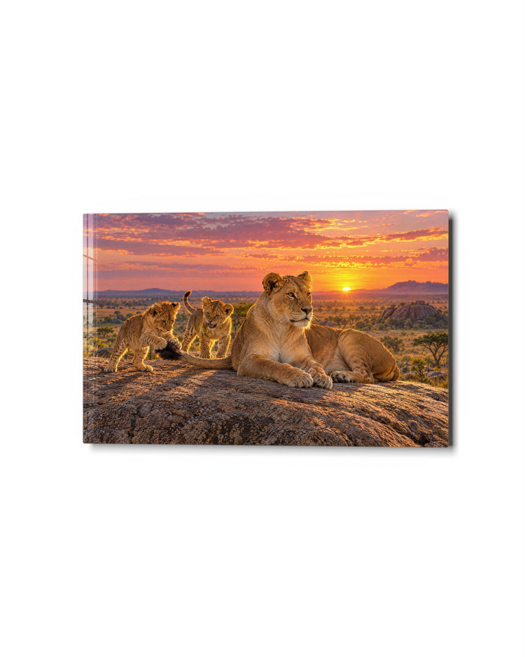 Family Time on the Rock glass wall art, studio view