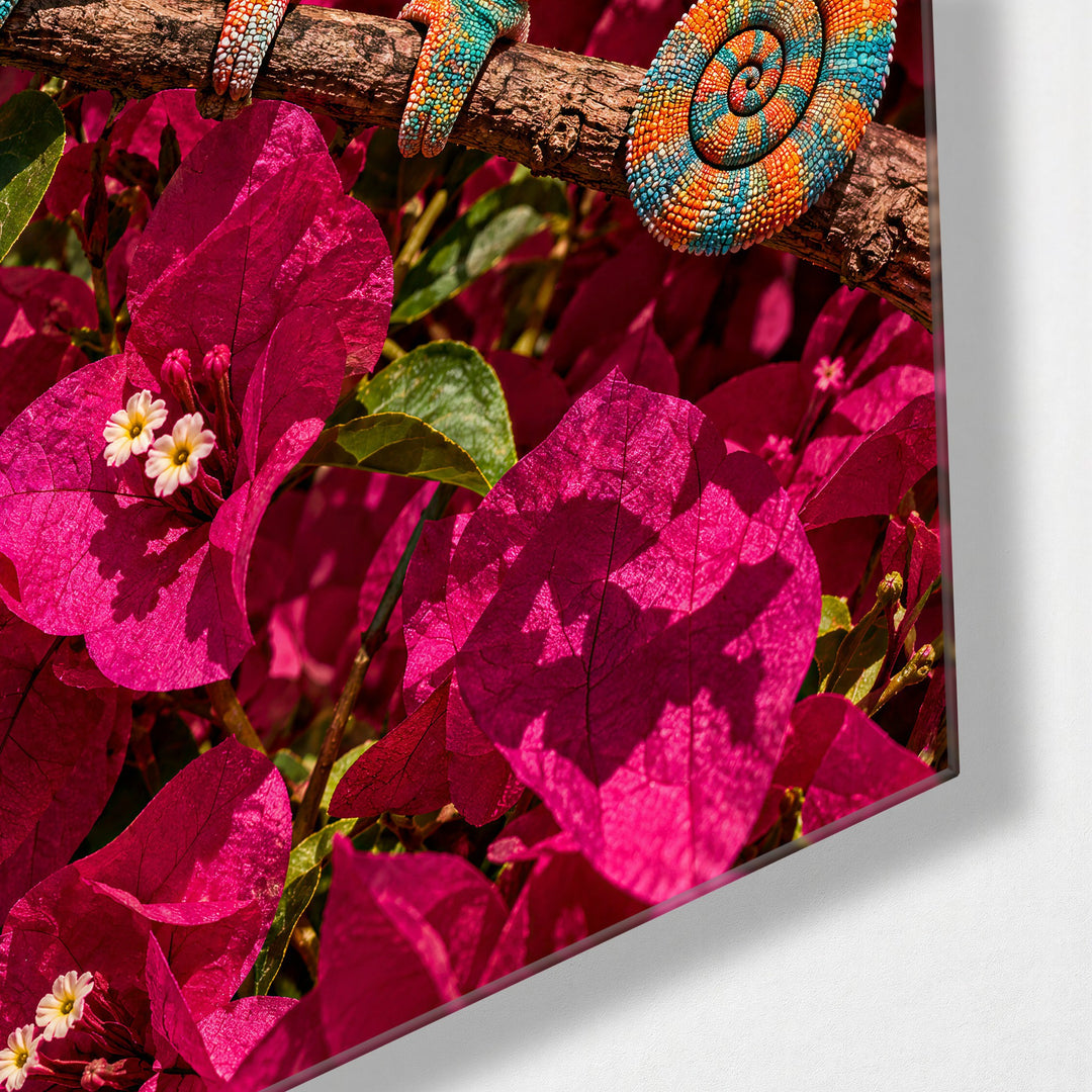 Patterned in Pink Blossoms glass wall art, corner view