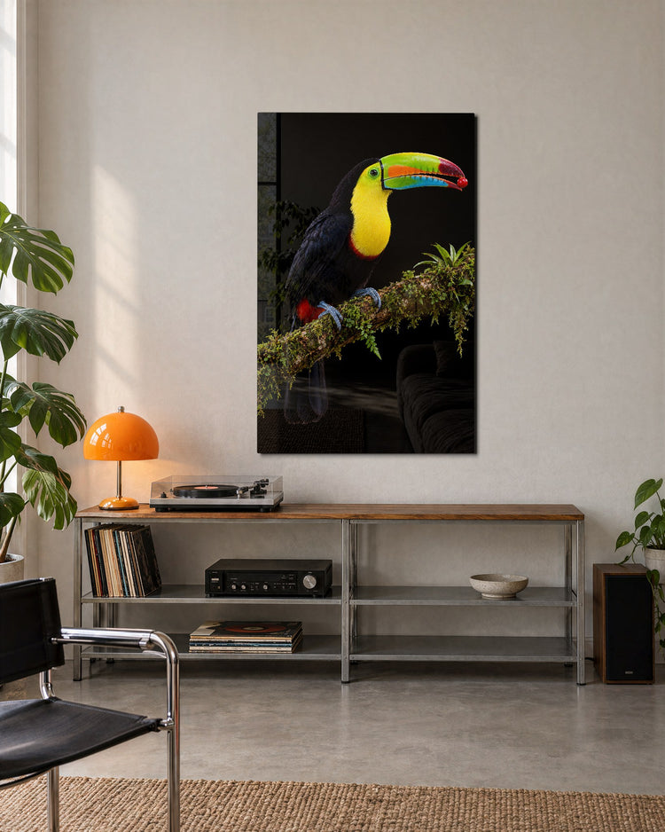 Rainbow Beak, Red Berry glass wall art, lifestyle view
