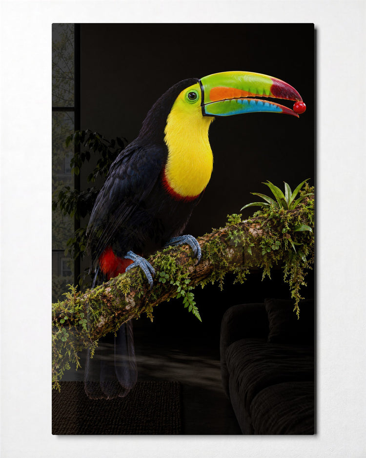 Rainbow Beak, Red Berry glass wall art, front view