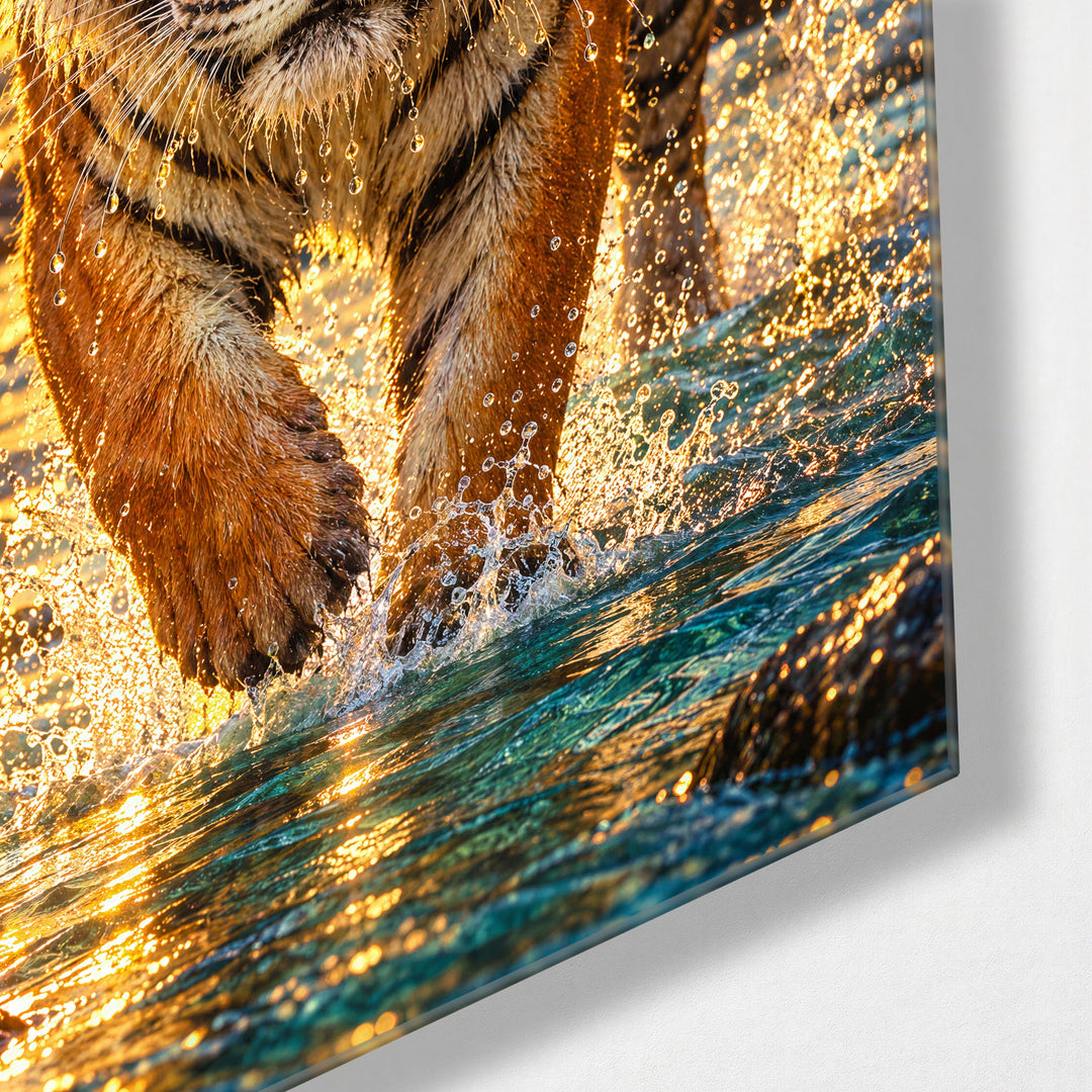 Wading Toward You glass wall art, corner view