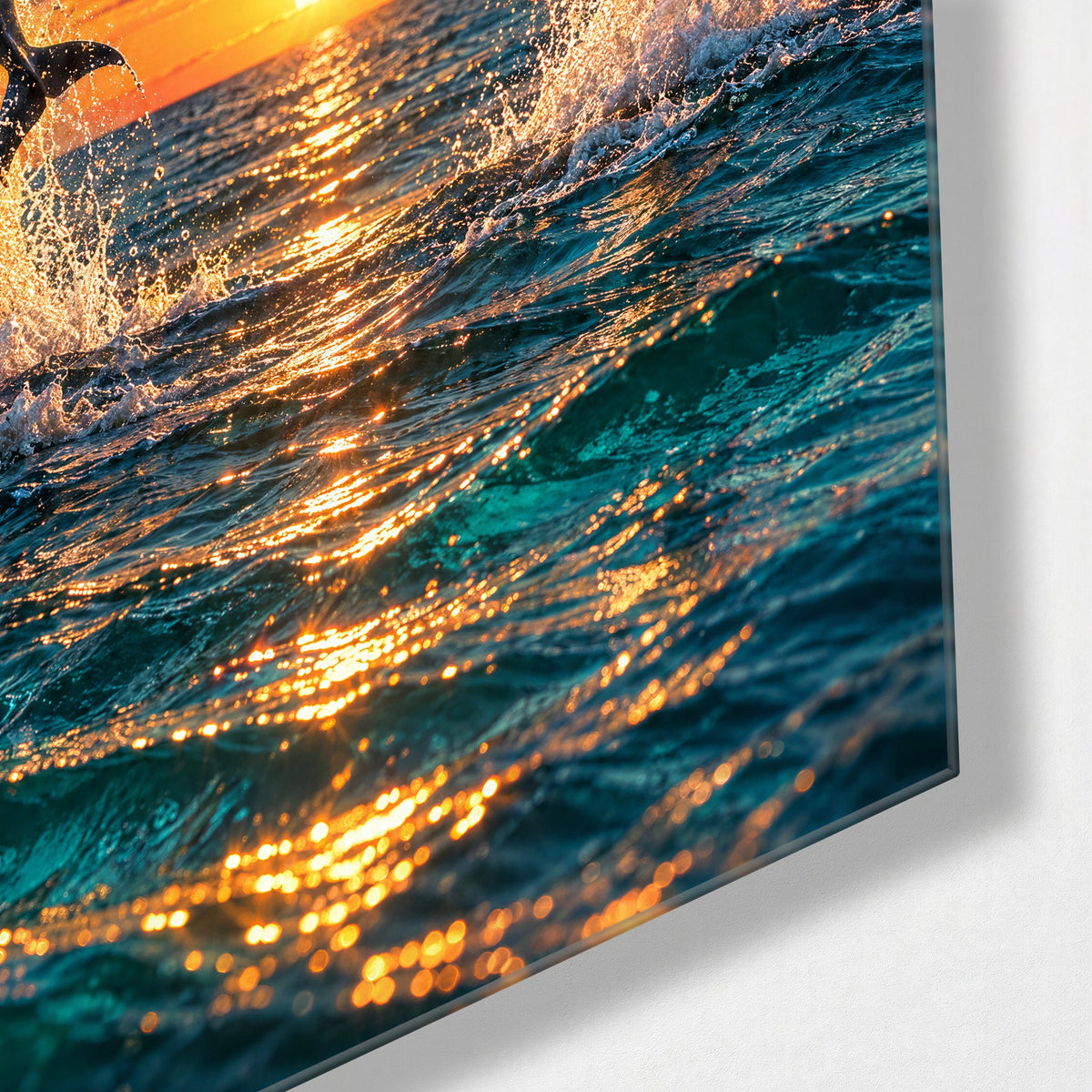 Heart of Water glass wall art, corner view