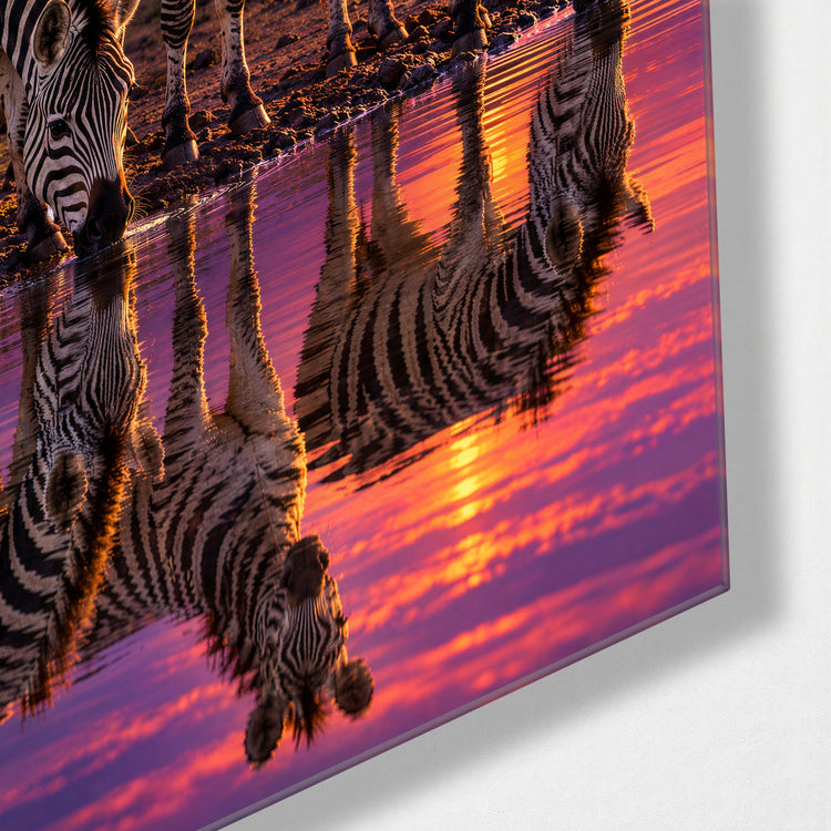 Rosy Hour at the Water glass wall art, corner view