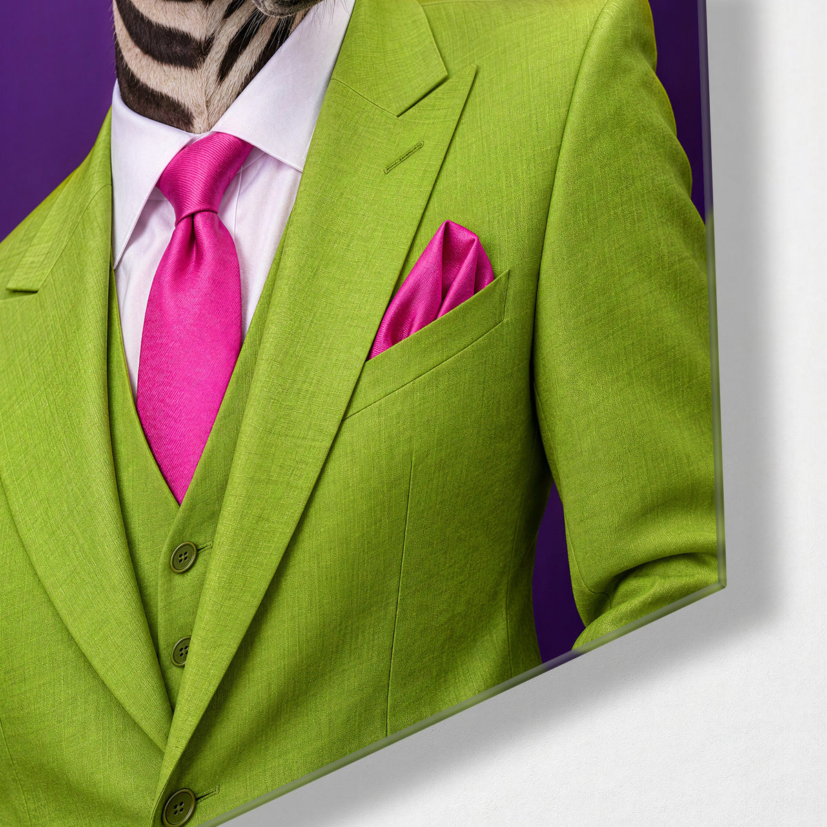 Dressed for the Occasion glass wall art, corner view