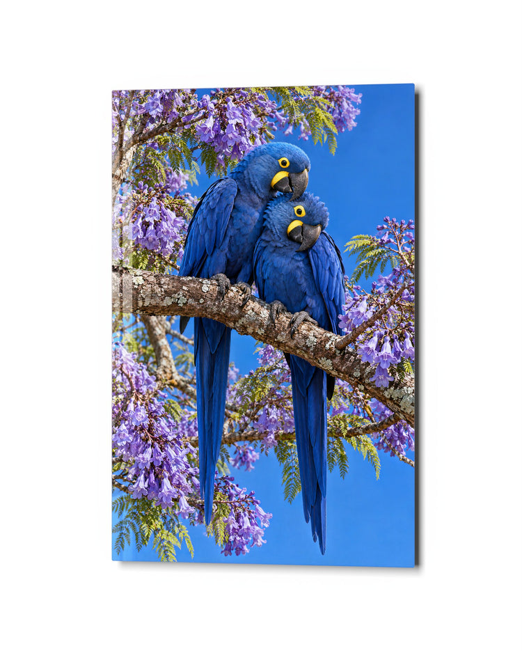 Two Blue Birds, One Branch glass wall art, studio view