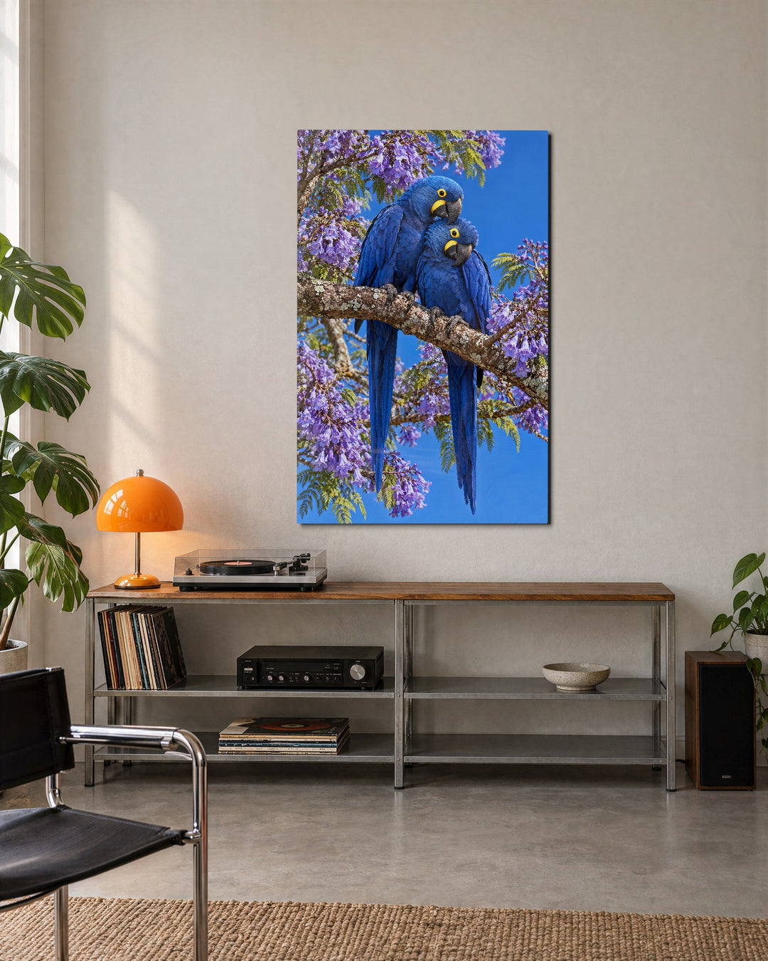 Two Blue Birds, One Branch glass wall art, lifestyle view