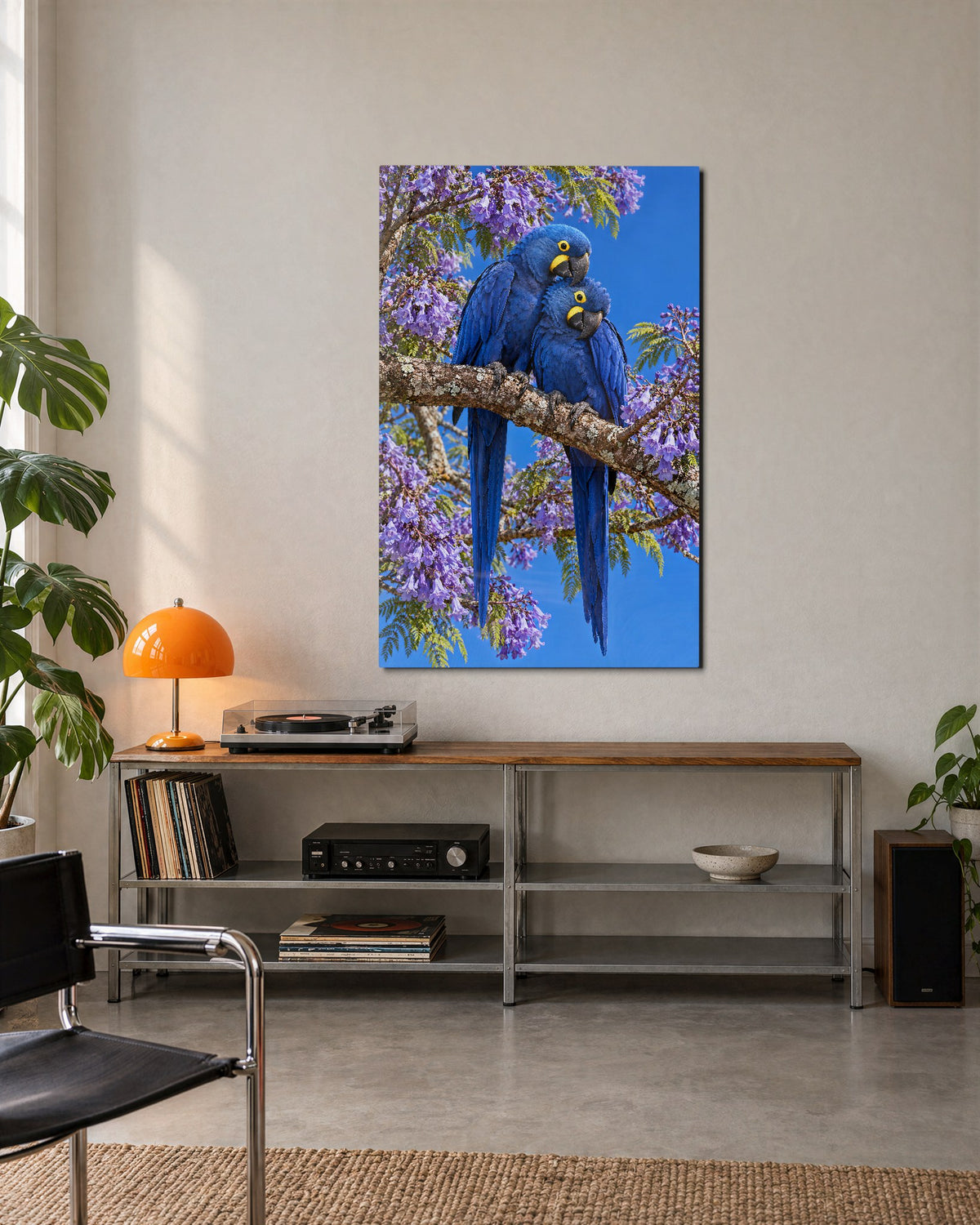 Two Blue Birds, One Branch glass wall art, lifestyle view