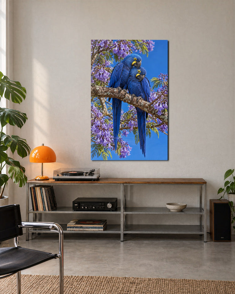 Two Blue Birds, One Branch glass wall art, lifestyle view