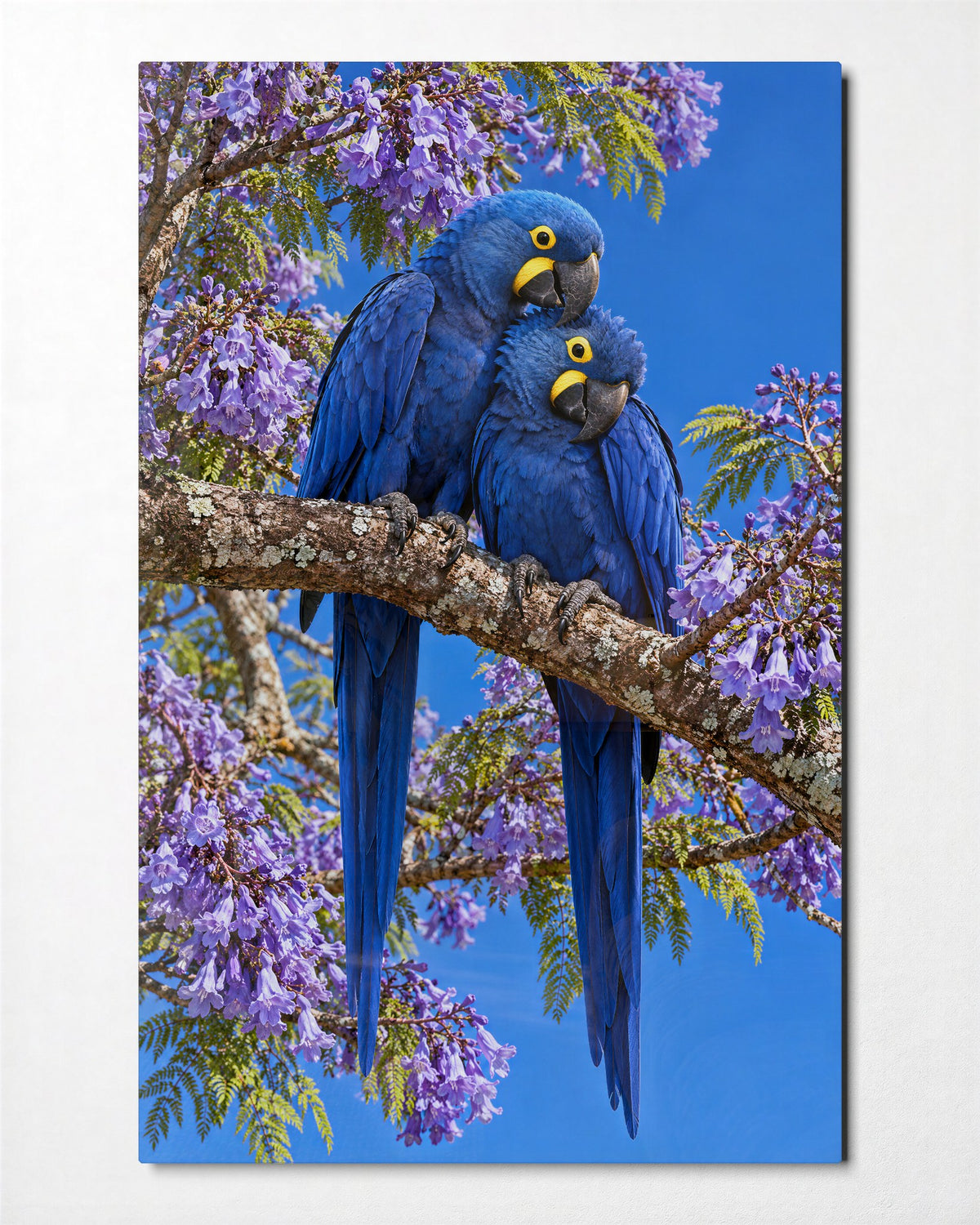 Two Blue Birds, One Branch glass wall art, front view