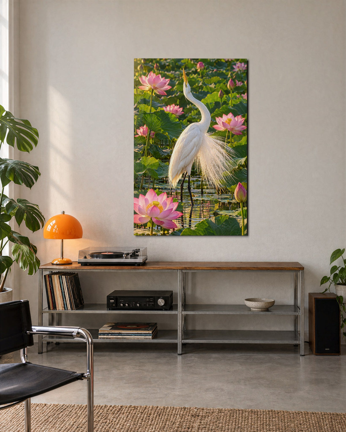 Stillness with Long Plumes glass wall art, lifestyle view
