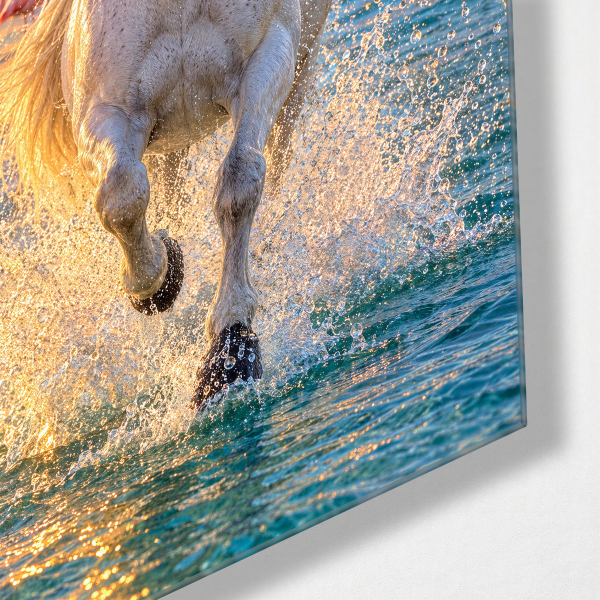 Gallop Through the Shallows glass wall art, corner view