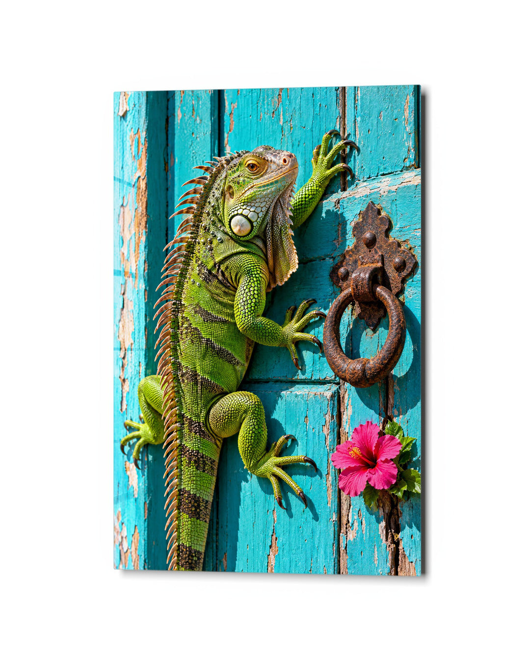 Lizard on Weathered Timber glass wall art, studio view
