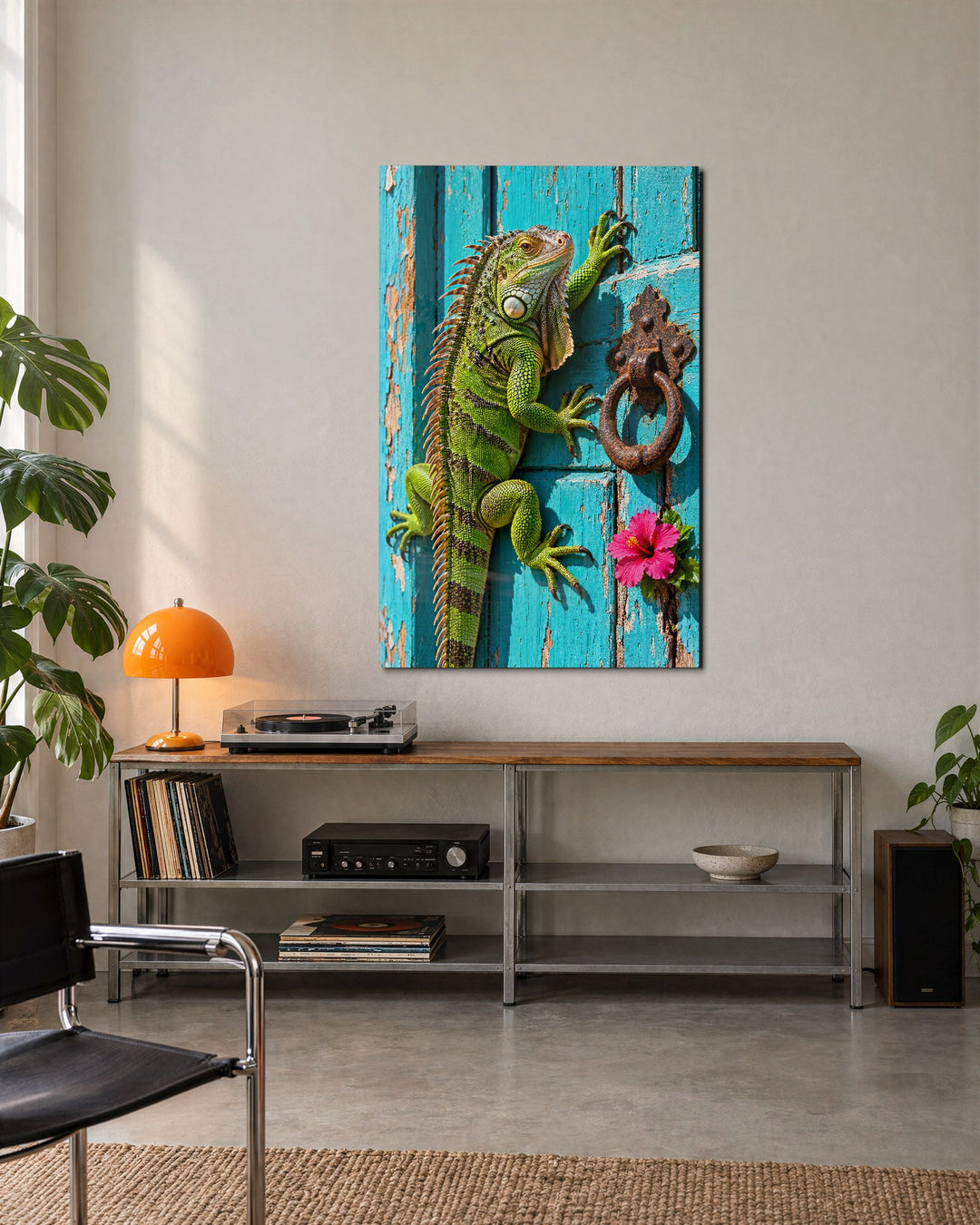 Lizard on Weathered Timber glass wall art, lifestyle view