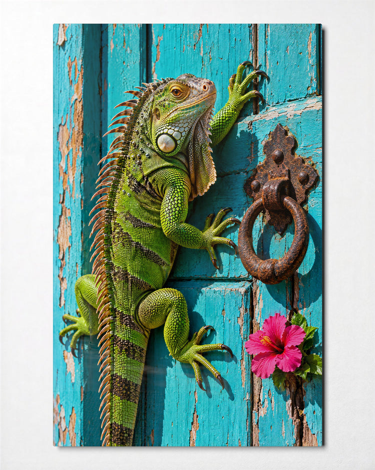 Lizard on Weathered Timber glass wall art, front view