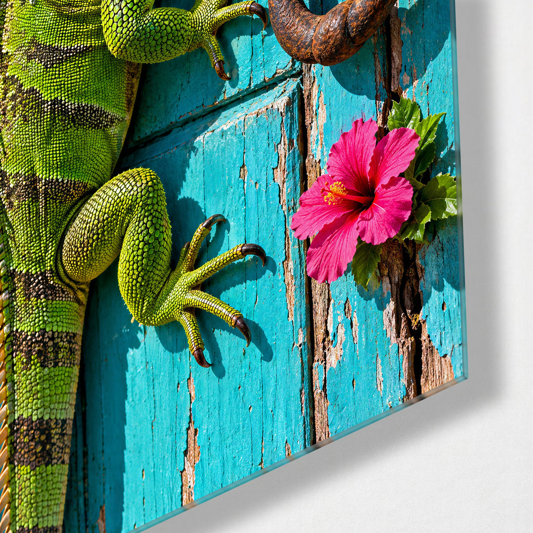 Lizard on Weathered Timber glass wall art, corner view
