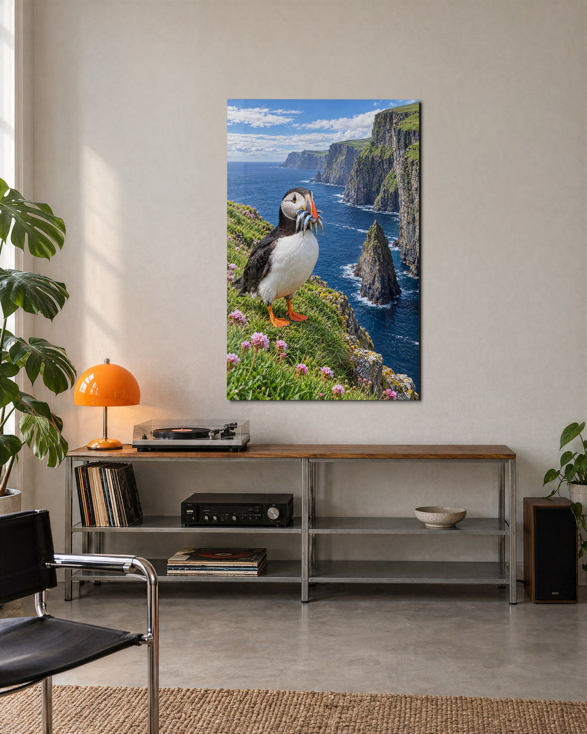 Beak Full of Fish glass wall art, lifestyle view