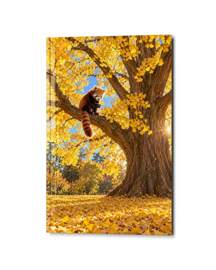 Russet Fur, Golden Leaves glass wall art, studio view