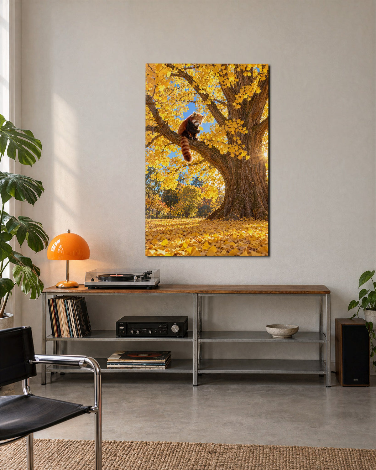 Russet Fur, Golden Leaves glass wall art, lifestyle view