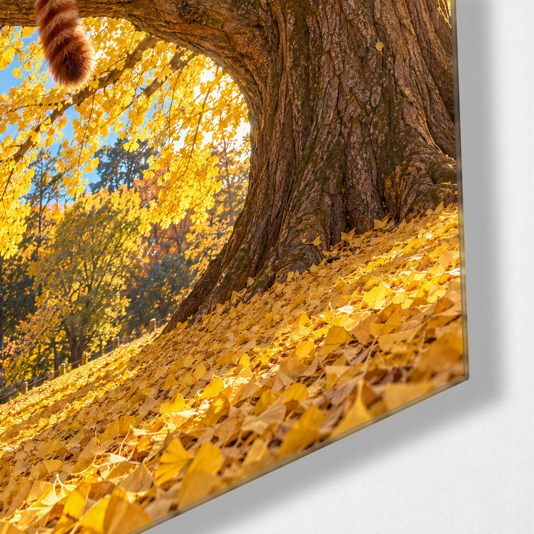 Russet Fur, Golden Leaves glass wall art, corner view