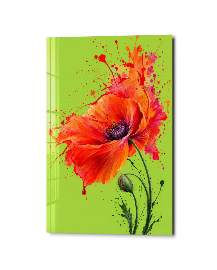 Splattered Red Flower glass wall art, studio view