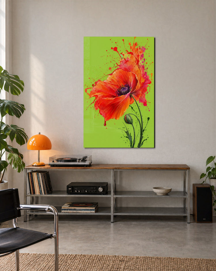 Splattered Red Flower glass wall art, lifestyle view