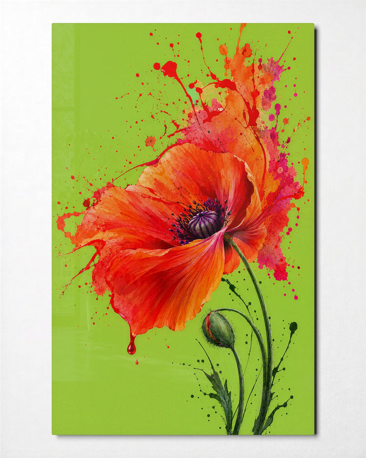 Splattered Red Flower glass wall art, front view