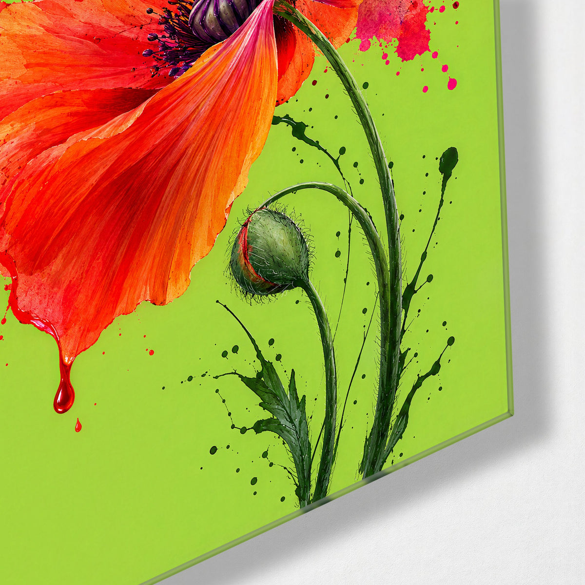 Splattered Red Flower glass wall art, corner view