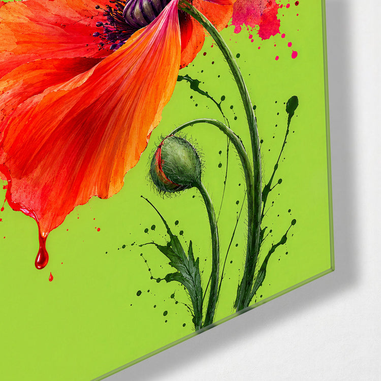 Splattered Red Flower glass wall art, corner view