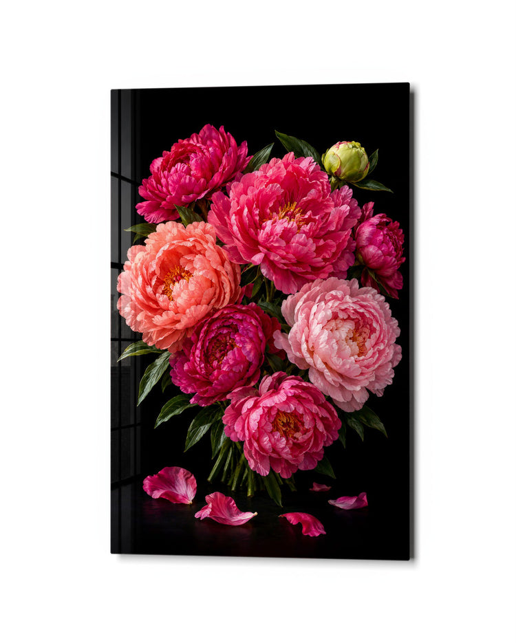 Dark Garden, Bright Bouquet glass wall art, studio view