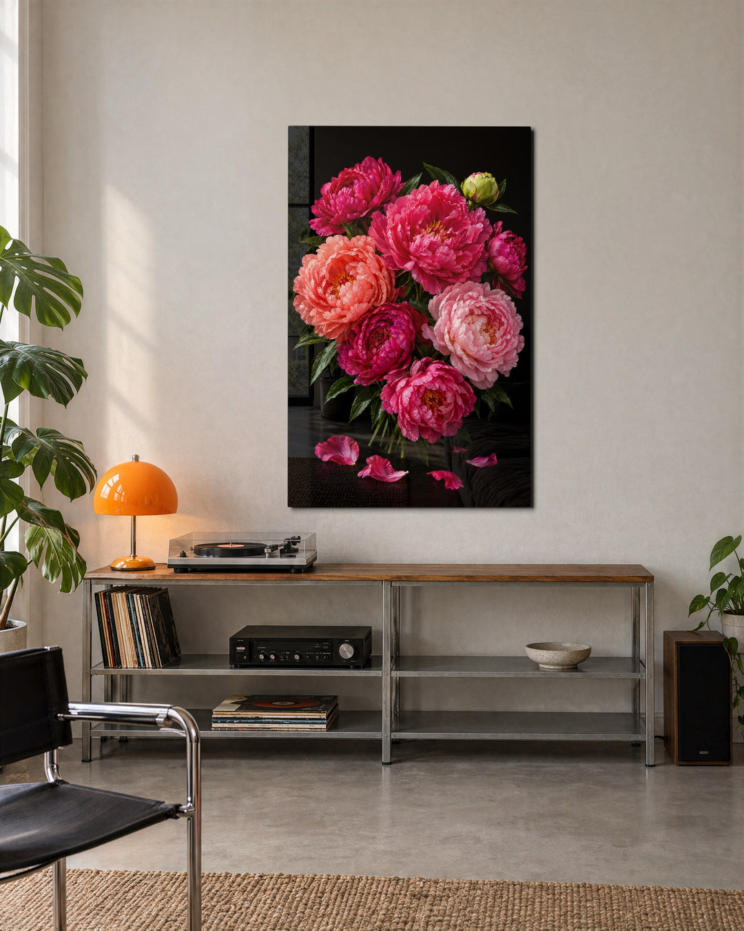 Dark Garden, Bright Bouquet glass wall art, lifestyle view