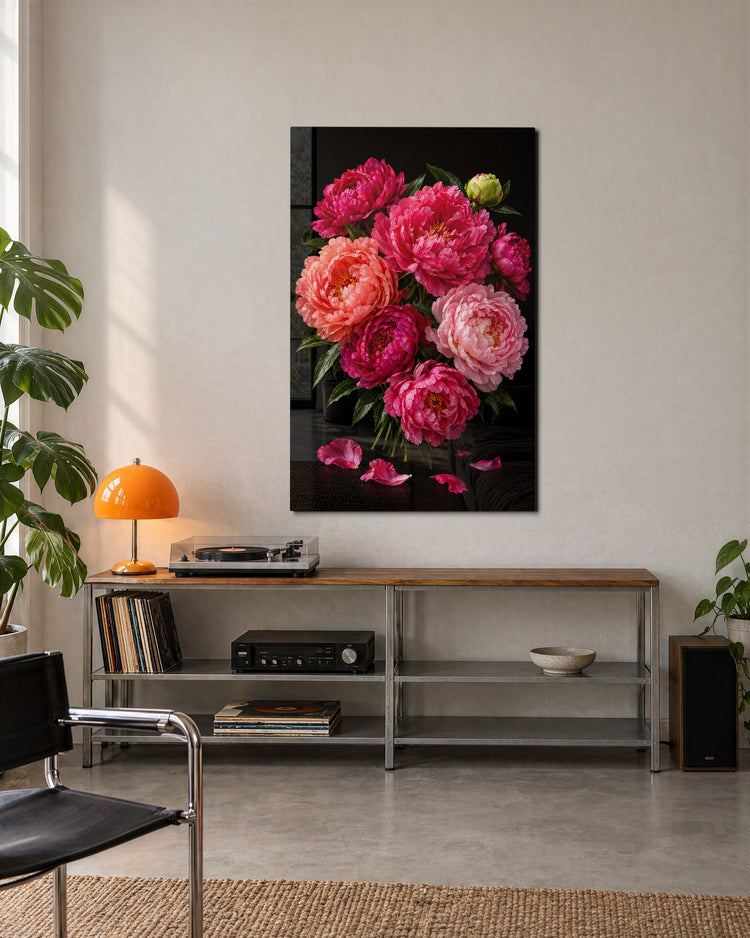 Dark Garden, Bright Bouquet glass wall art, lifestyle view