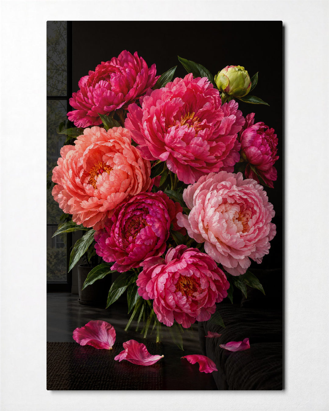 Dark Garden, Bright Bouquet glass wall art, front view
