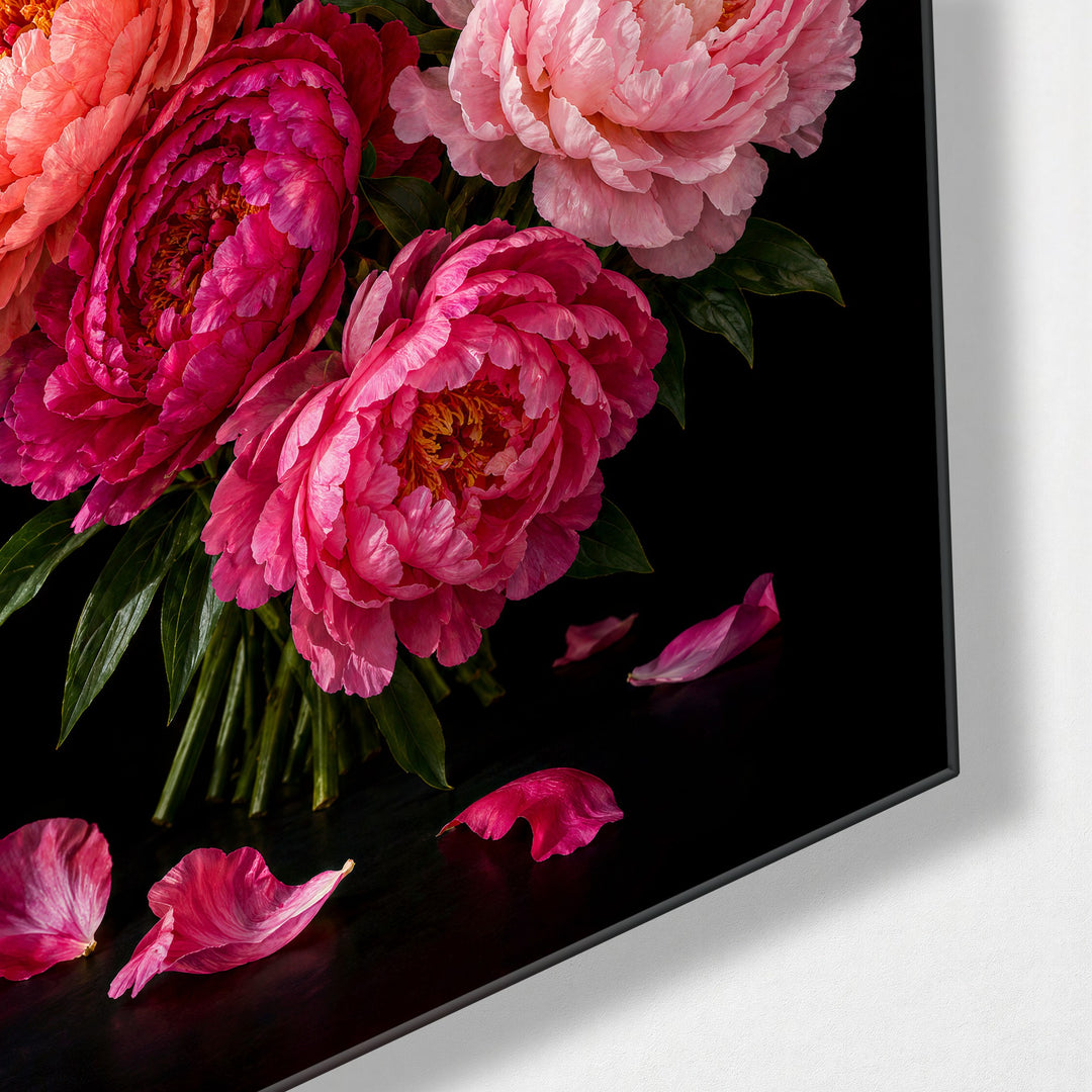Dark Garden, Bright Bouquet glass wall art, corner view