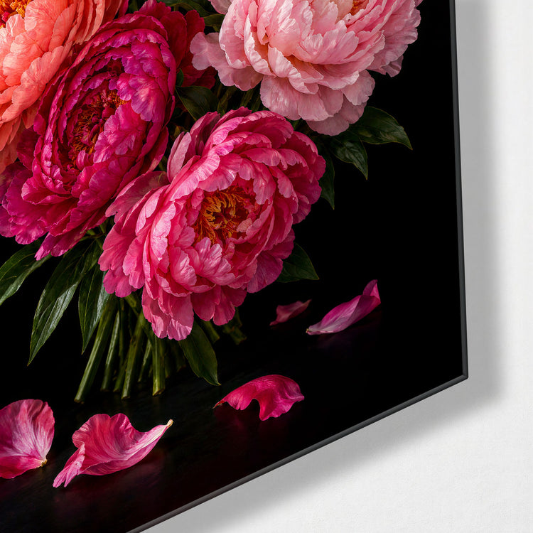 Dark Garden, Bright Bouquet glass wall art, corner view