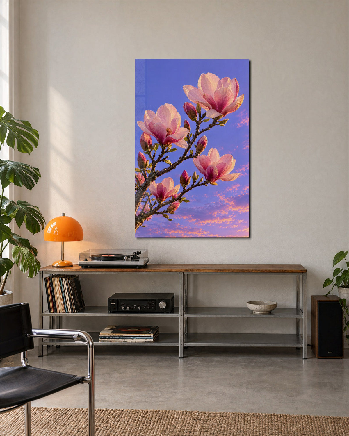 Blossom Branch at Dusk glass wall art, lifestyle view