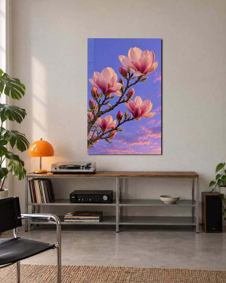 Blossom Branch at Dusk glass wall art, lifestyle view