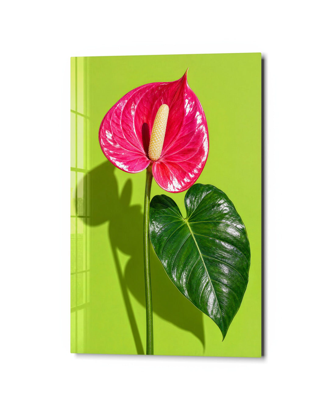 Pink Tropical on Chartreuse glass wall art, studio view