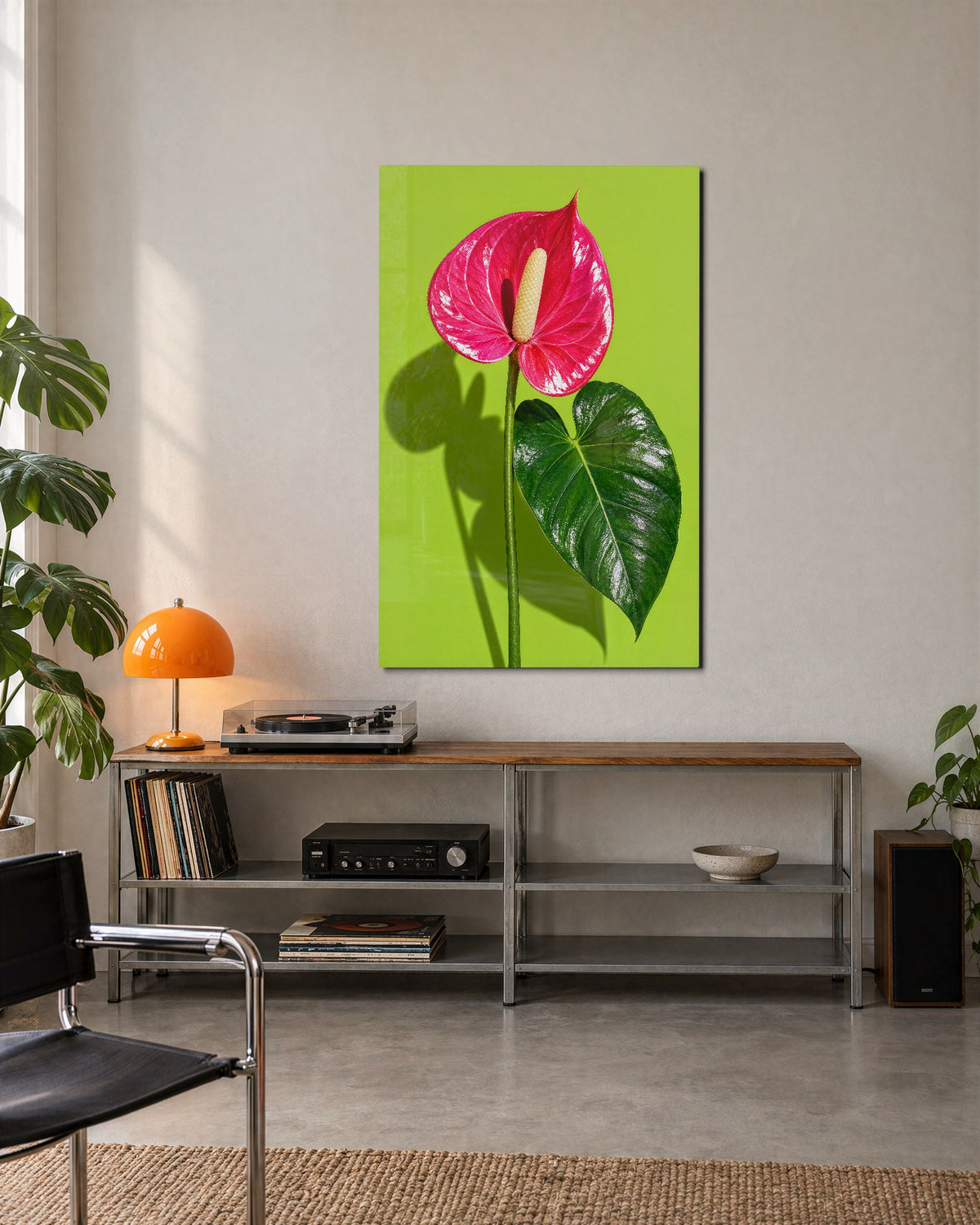 Pink Tropical on Chartreuse glass wall art, lifestyle view