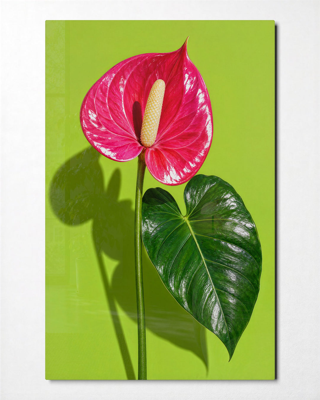 Pink Tropical on Chartreuse glass wall art, front view