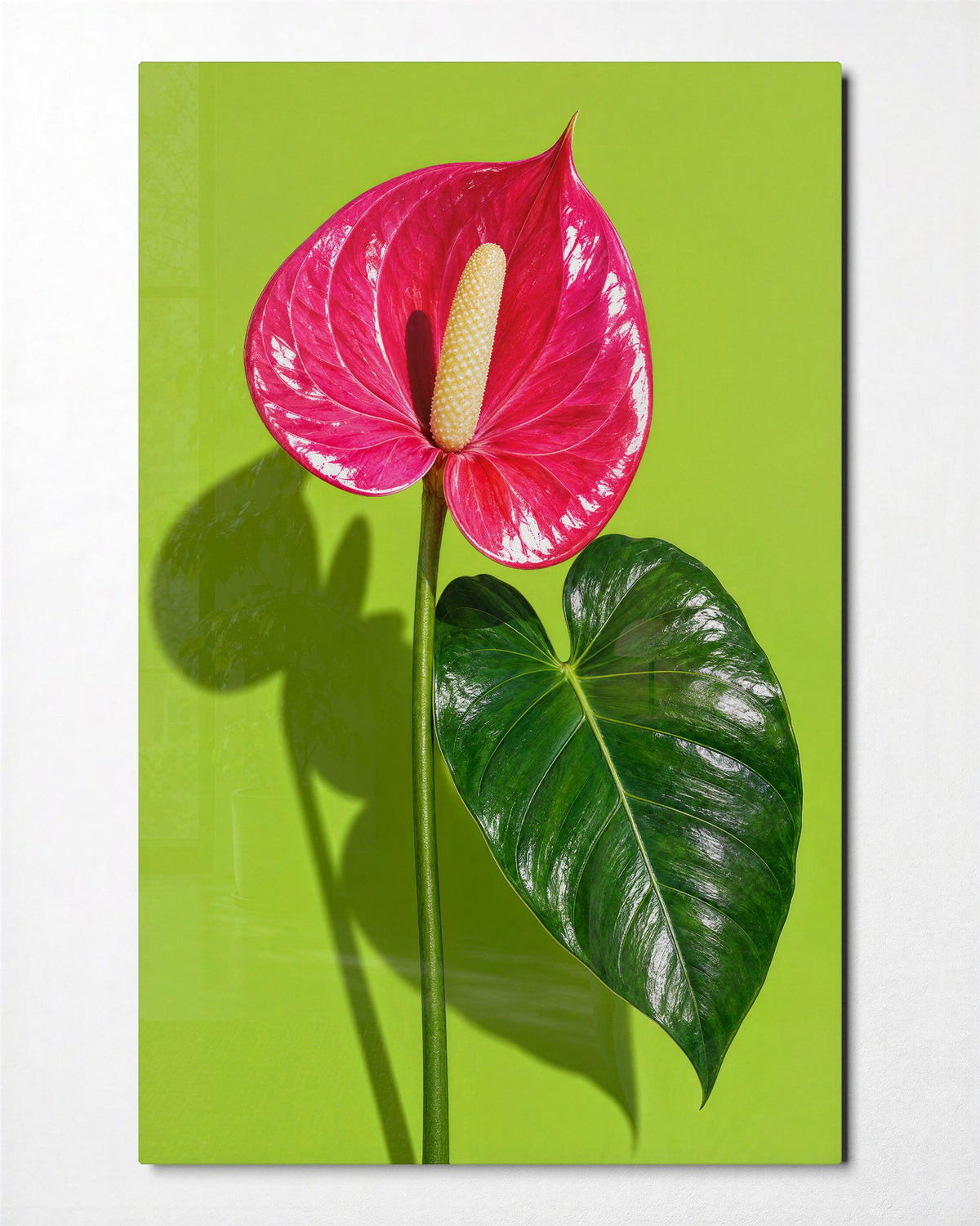 Pink Tropical on Chartreuse glass wall art, front view