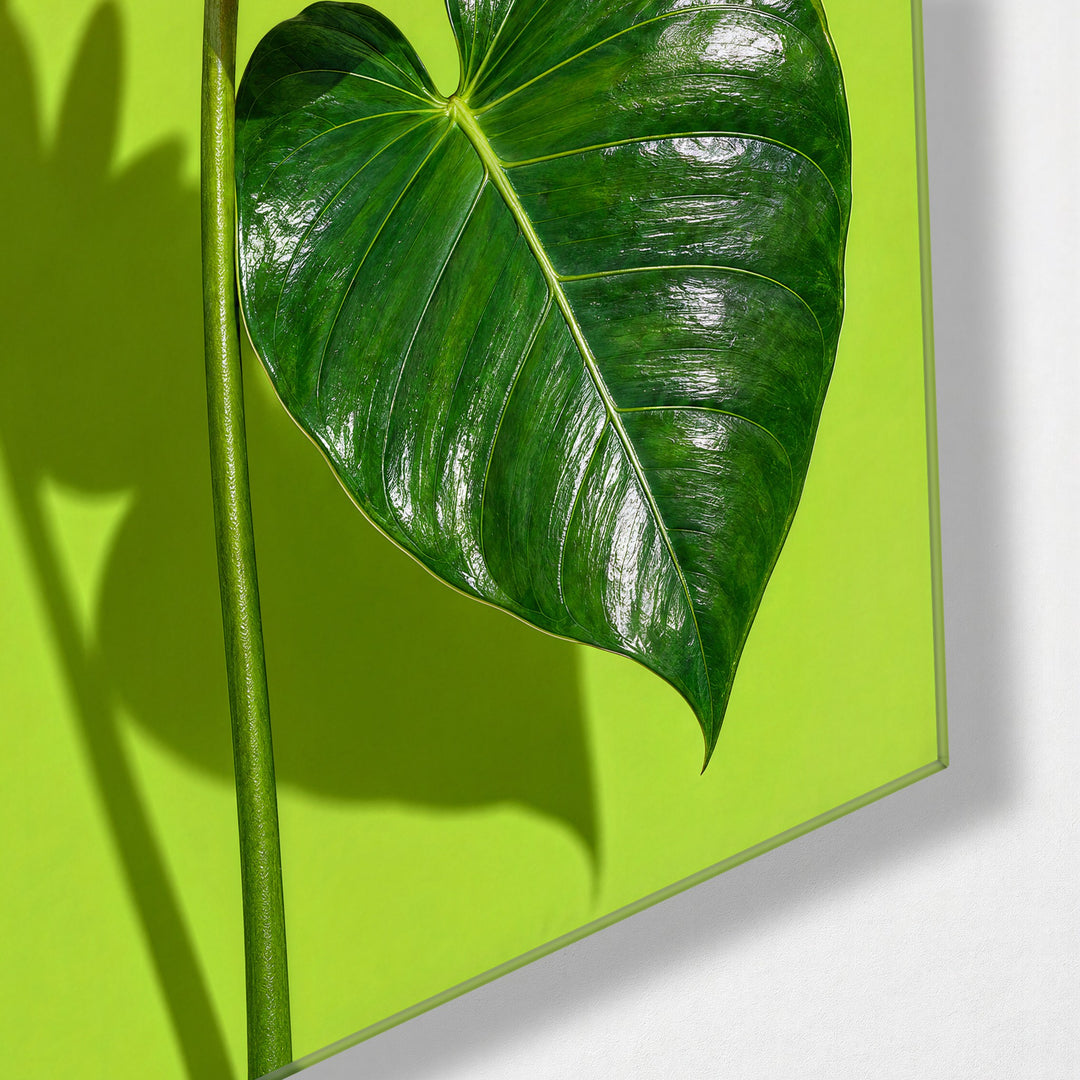 Pink Tropical on Chartreuse glass wall art, corner view