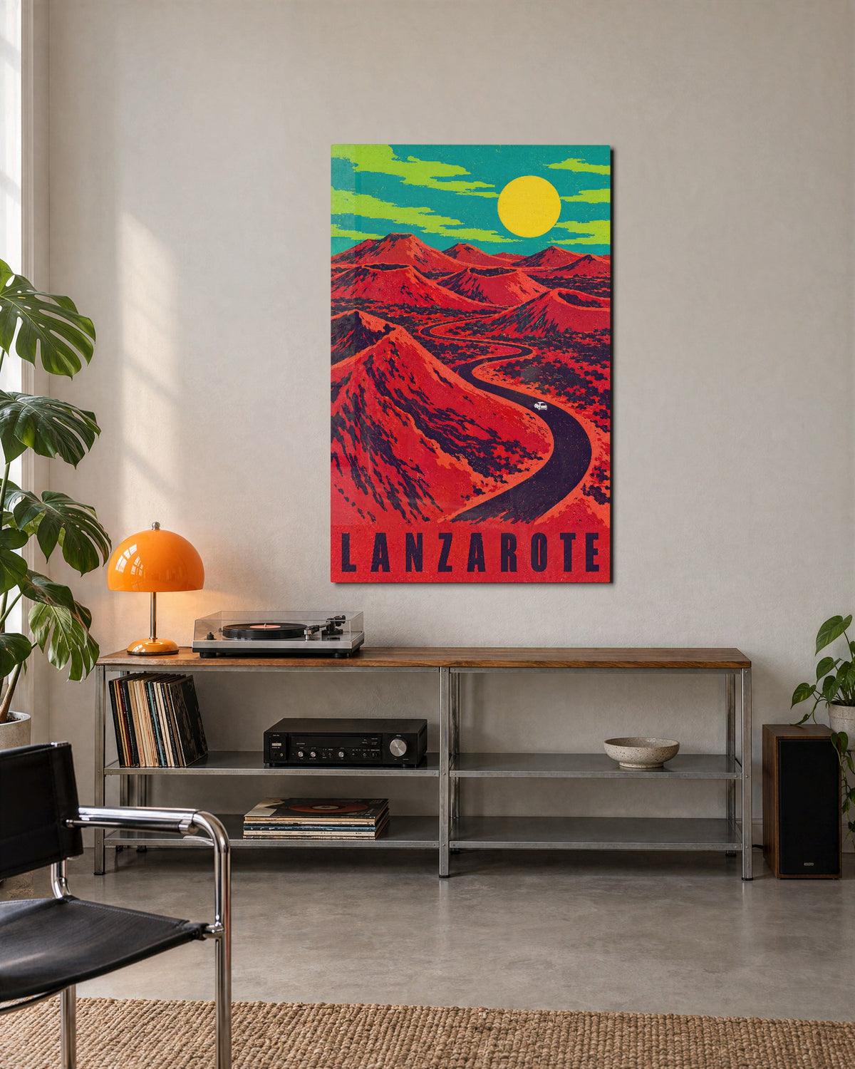 One Car, Volcanic Hills glass wall art, lifestyle view