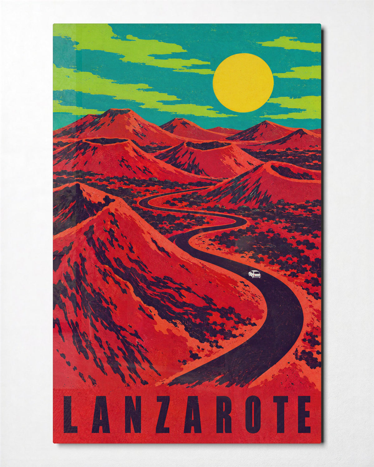 One Car, Volcanic Hills glass wall art, front view