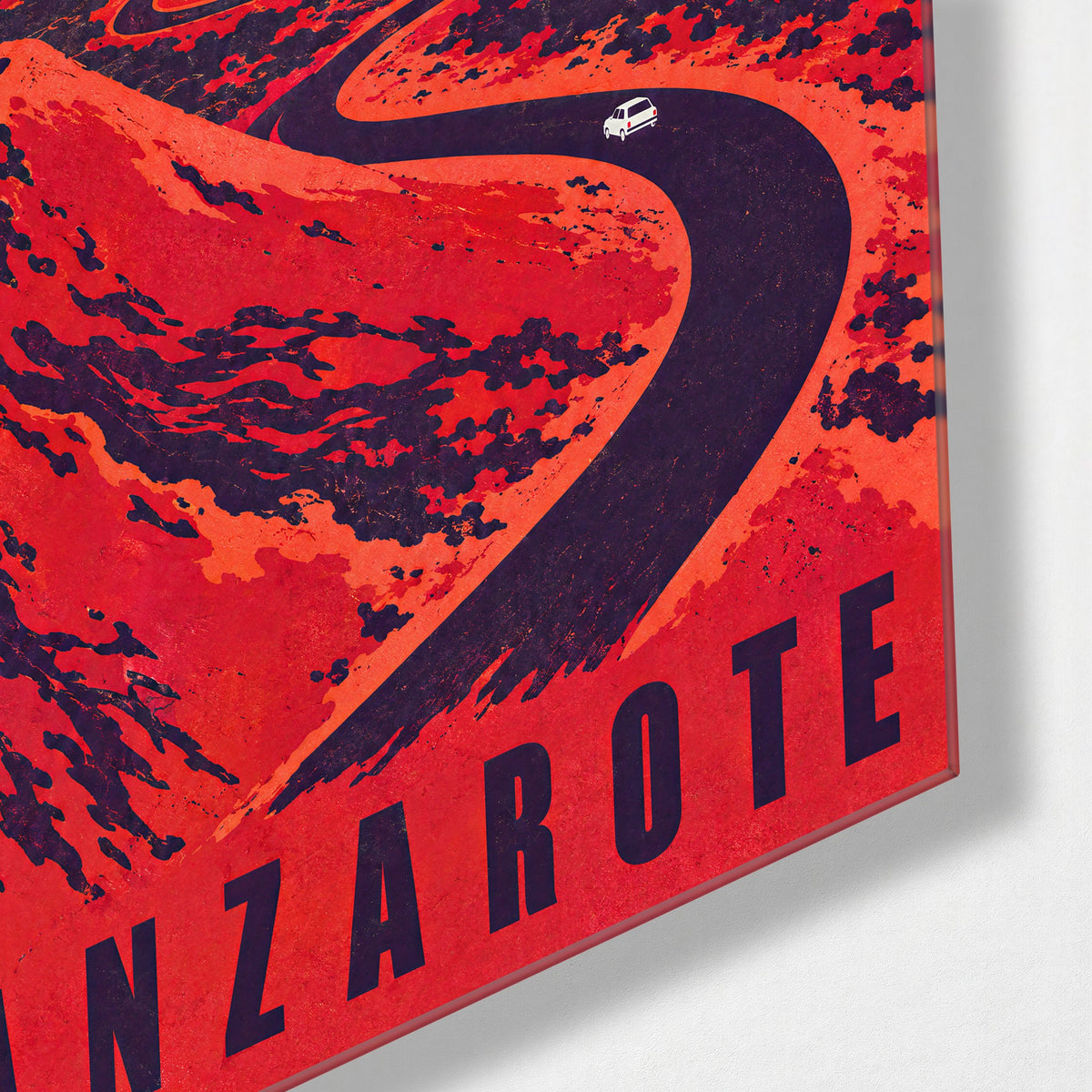 One Car, Volcanic Hills glass wall art, corner view