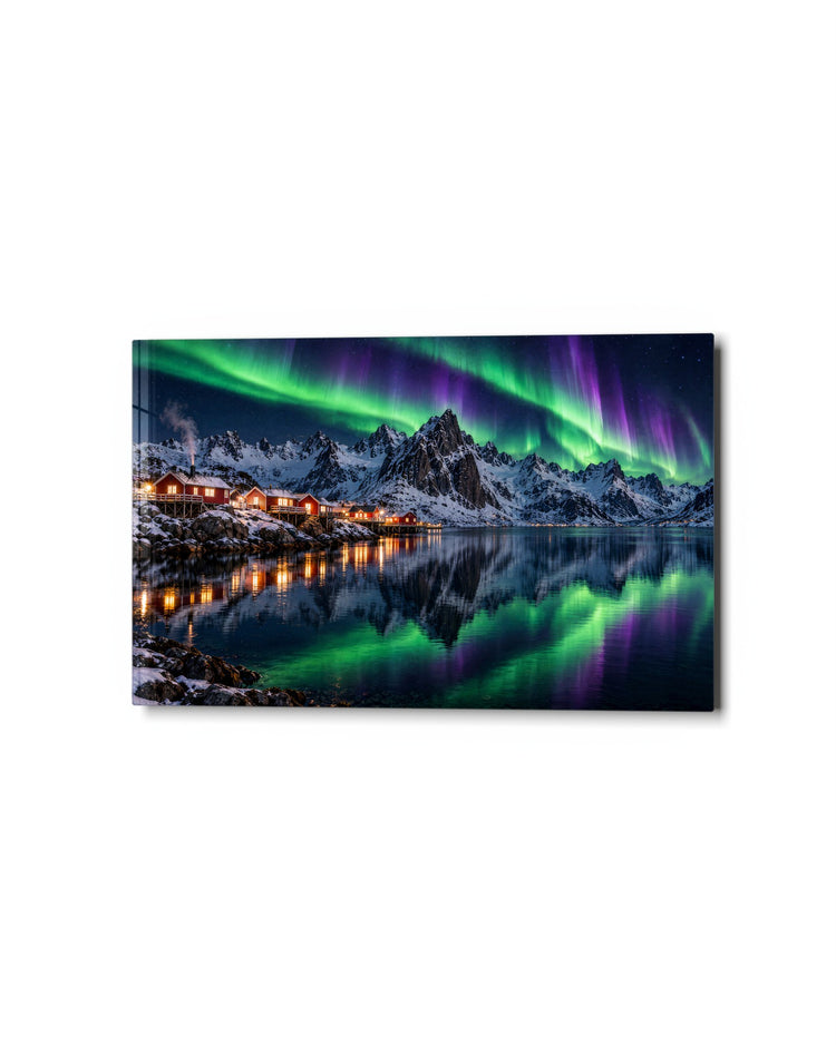 Night Sky Over the Cabins glass wall art, studio view