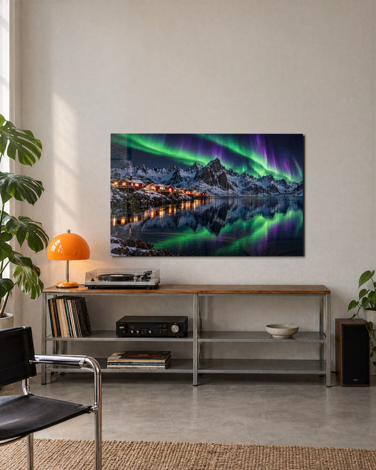 Night Sky Over the Cabins glass wall art, lifestyle view