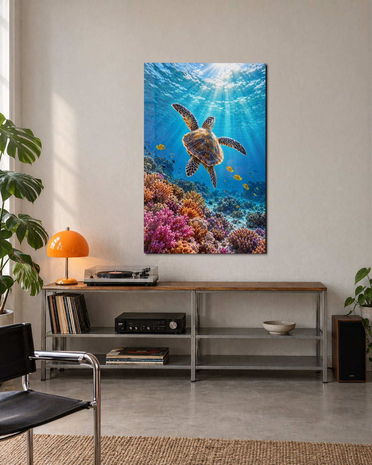 Reef, Then Upward glass wall art, lifestyle view