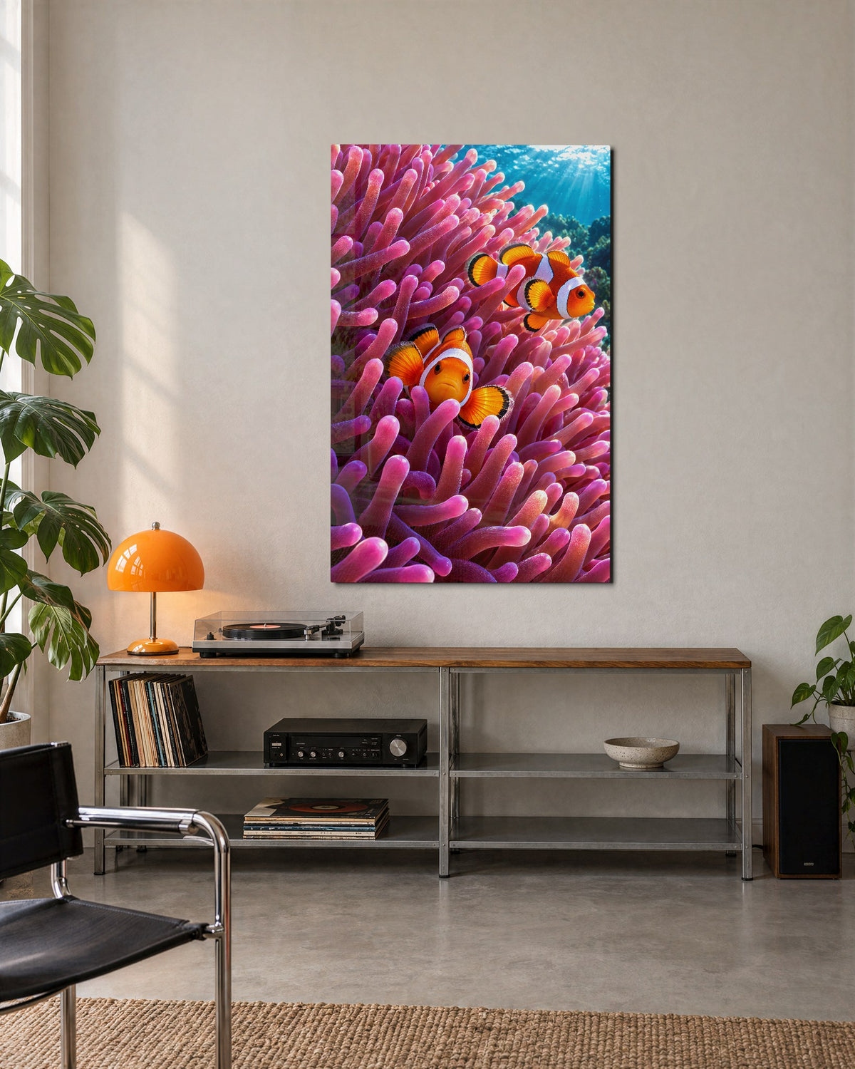 Orange Pair in Pink Arms glass wall art, lifestyle view
