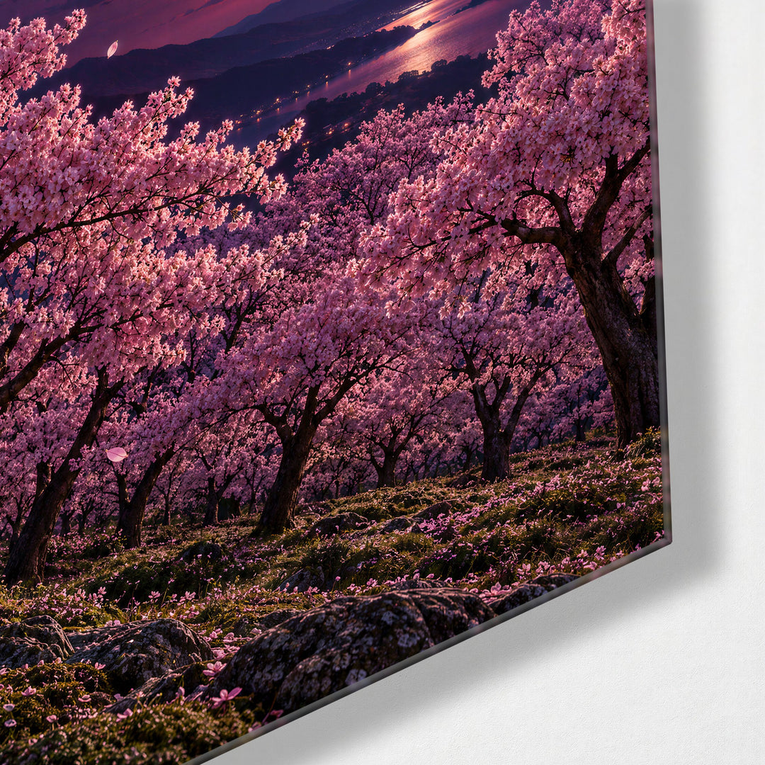 Spring Night, Big Lantern glass wall art, corner view