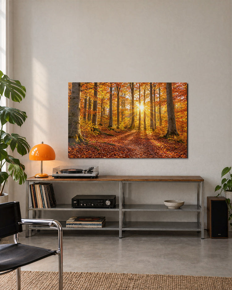 Gold Leaves Underfoot glass wall art, lifestyle view